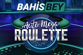 Graphic featuring a roulette wheel with the text 'BAHİS BEY Auto Mega Roulette' in bold stylized fonts.
