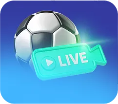 Black and white soccer ball with a glowing turquoise live streaming video icon.