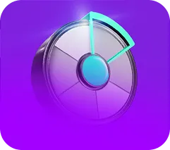 3D circular pie chart icon with one glowing teal segment on a purple background.