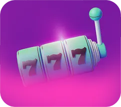 3D slot machine reels showing triple sevens with a lever on a purple-pink gradient background.