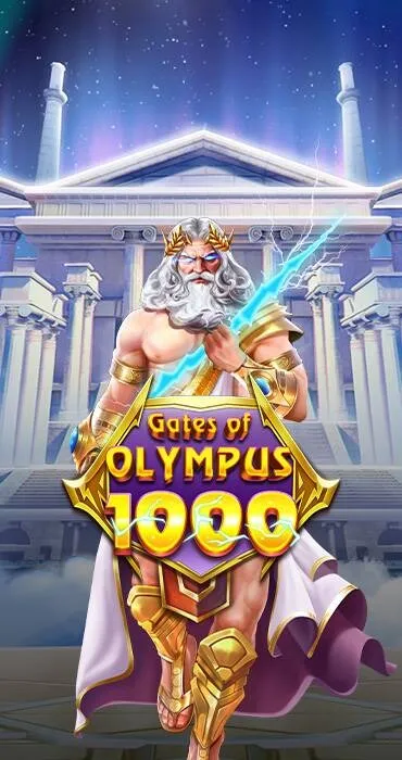 Mythological Greek god Zeus holding a lightning bolt standing in front of ancient temple pillars with text 'Gates of Olympus 1000'.