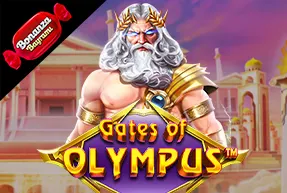 Illustration of Zeus standing with arms crossed in front of ancient Greek temple ruins, with text 'Gates of Olympus' and a red candy-shaped label in the corner.