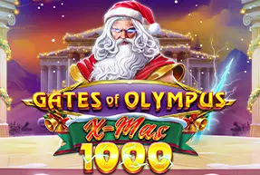 Illustration of Santa Claus with glowing eyes in front of ancient Greek-style gates with the text 'Gates of Olympus X-Mas 1000'.