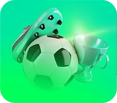 Soccer ball next to a cleat and a silver trophy cup on a green gradient background.