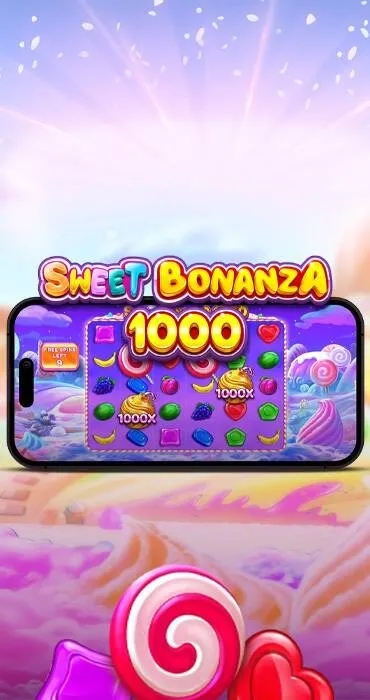 Mobile phone screen displaying the Sweet Bonanza game with colorful candy icons and a 1000x multiplier on a pastel landscape background.