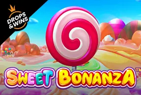 Sweet Bonanza game logo with a large pink and white swirl candy and colorful candy-themed background.