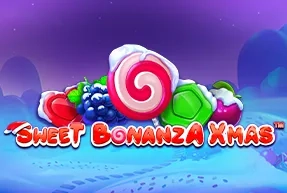 Sweet Bonanza Xmas game logo with colorful candy and fruit symbols on a snowy background.