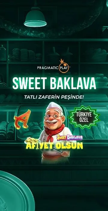 Promotional image for Pragmatic Play's Sweet Baklava game featuring a smiling chef character in front of bakery shelves with text in Turkish.