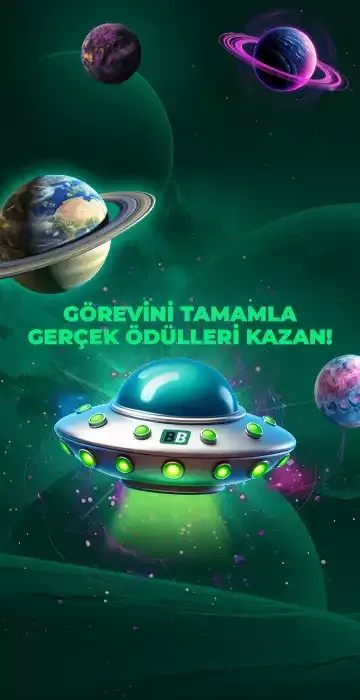 Colorful UFO spaceship with glowing lights flying in space among planets with text in Turkish saying 'Complete your mission, win real rewards!'