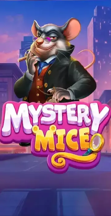 Stylized mouse dressed as a detective with a cigar, monocle, and coat standing behind the colorful text 'Mystery Mice'.