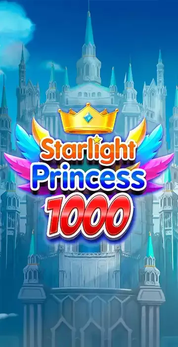 Logo for Starlight Princess 1000 featuring a golden crown with blue and pink wings on a castle background.